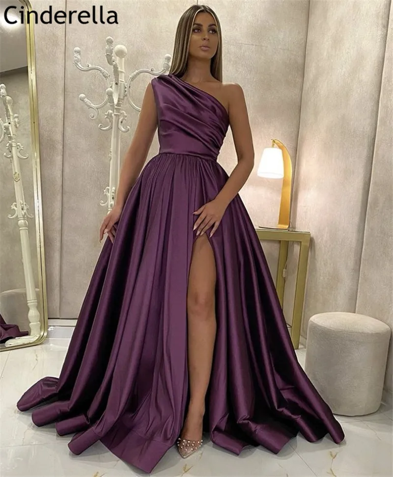 Robe de bal asymétrique épaule dénudée, ligne a, fente latérale, en Satin, de haute qualité, avec fermeture éclair au dos