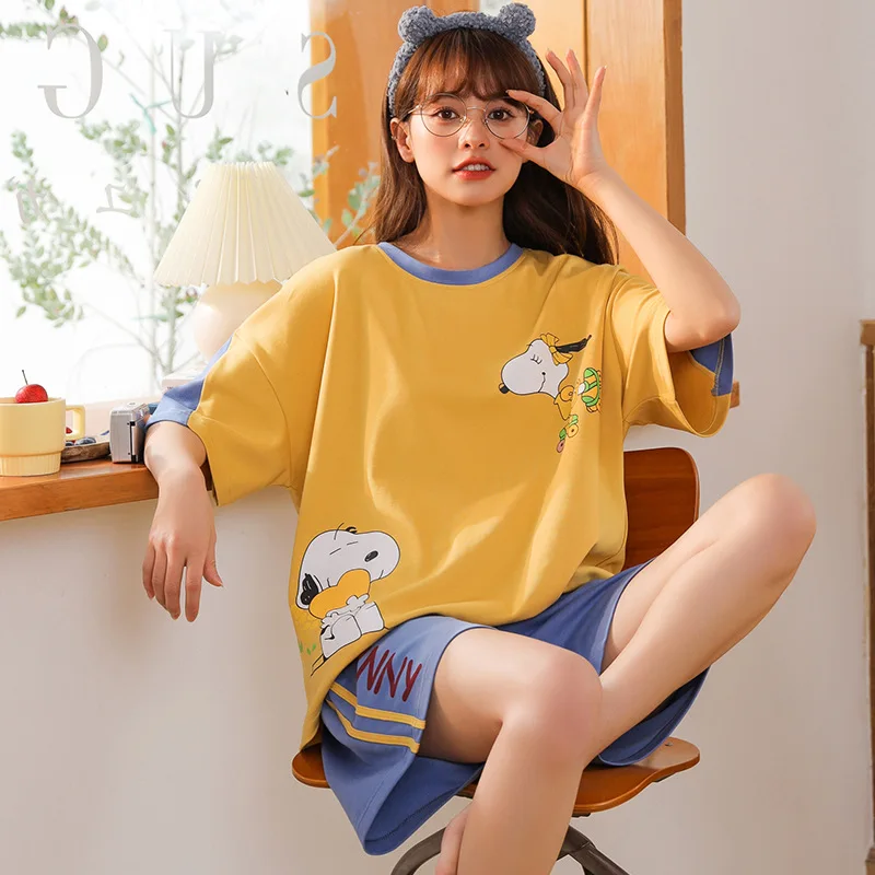 

Sleepwear Loose Cute Cartoon Cotton Pajamas for Women Short Pants Short Sleeved Summer Spring Loungewear Home Clothing Homewear