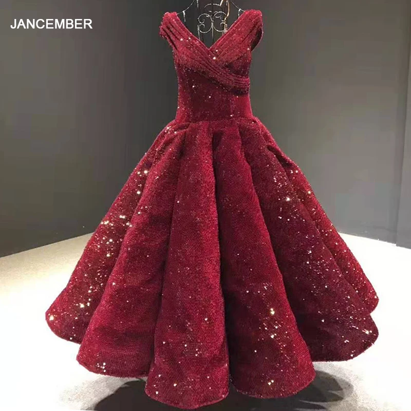 J66567 jancember formal dress for 2020 v neck sleeveless ribbons sequined lace red evening dresses short платья женские вечерние