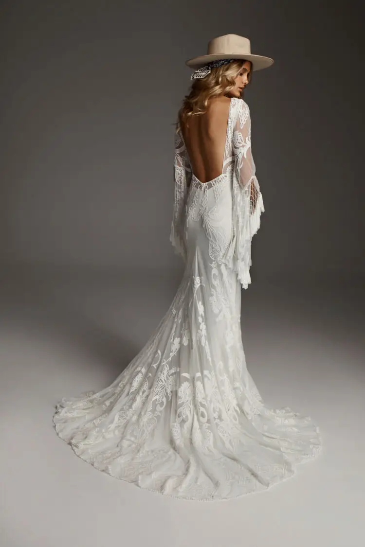 Great Mermaid Wedding Dresses Cowboy Lace Appliqued Sweep Train Country Bridal Gowns Backless Long Sleeve Boho Vestido De Noiva