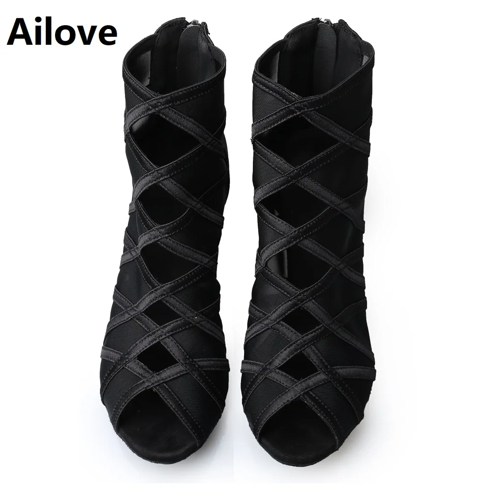 Fashion Ballroom Latin Salsa Dance Boots Women Social Dancing High Heels with Black Mesh Satin Cross Strap S027