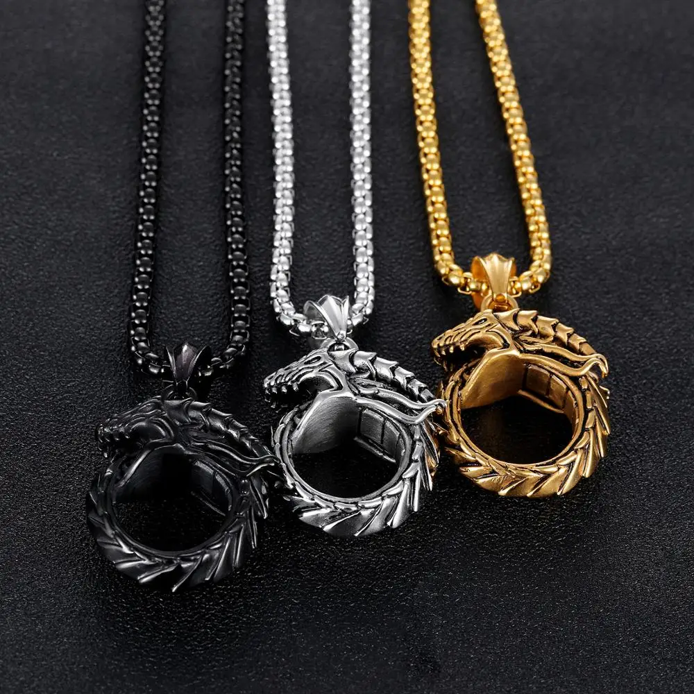 Men's Dragon Pendant Necklace With Box Chain Vintage Metal Dragon Wing Cross Sword Punk Rock Gothic Necklaces Unique Design