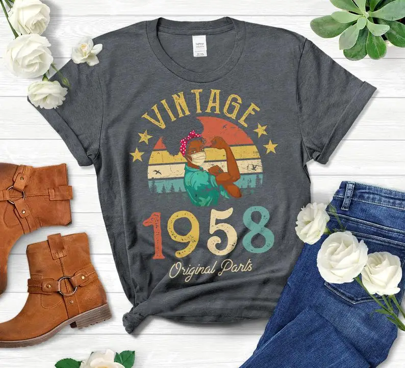 

Vintage 1958 Original Parts Party T-Shirt cotton African American Women with 63nd Birthday Gift Idea Girls Mom Wife Daughter