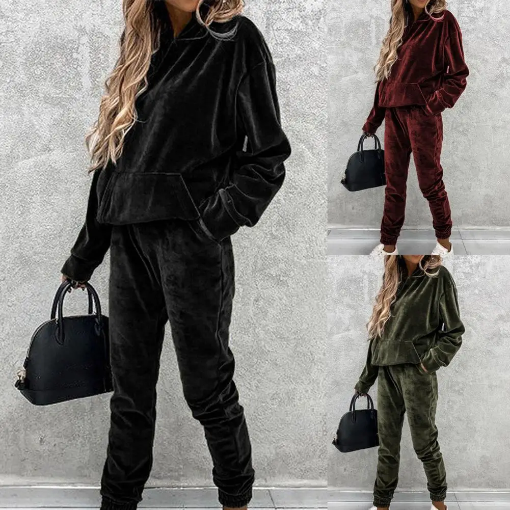 2pcs Warm Velvet Pant Suits Women Outfits Autumn Winter Hooded Sweatshirt Pants Two-piece Set Women Tracksuit комплекты одежды