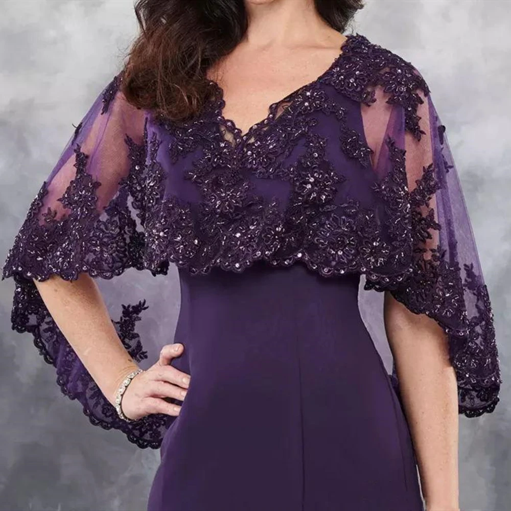 Robe longue violette avec cape pour mère de la mariée, châle rond, paillettes kly, dentelle, fête de mariage, mère du marié, soirée, quoi que ce soit