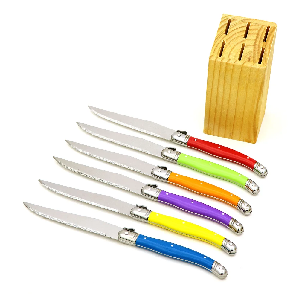 Jaswehome 6pcs Laguiole Style Stainless Steel Steak Knife Set Steak Knives With Wooden Holder Steel Dinner Knife Cutlery Set