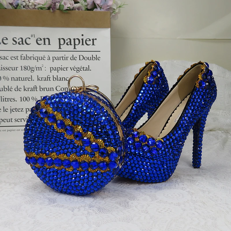 Royal Blue crystal Women Wedding shoes with matching bags high heels platform shoes woman Round Toe High Pumps shoes