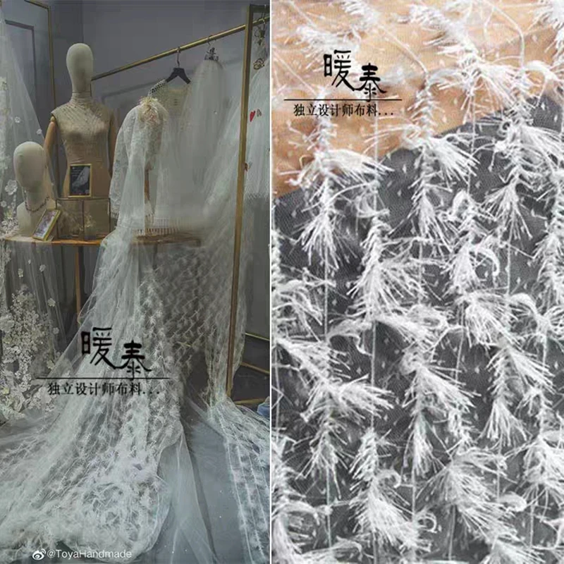 Embroidered Mesh Tulle Fabric White Stereo Catkins DIY Patchwork Decor Stage Gown Skirts Wedding Dress Designer Fabric