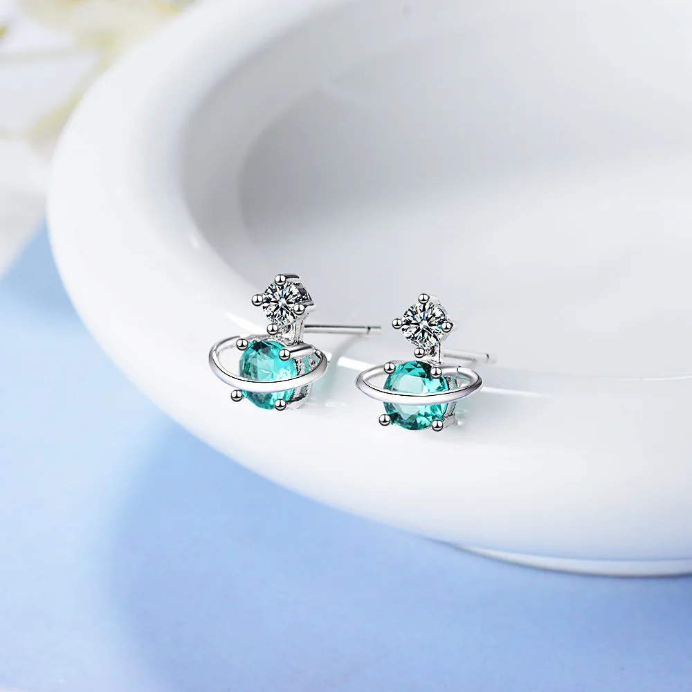 Green Planet Cute Little Universe 925 Sterling Silver Temperament Personality Fashion Female Stud Earrings SEA297