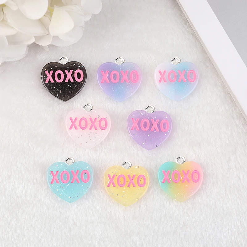 16 Pcs 22*24 MM Glitter Heart Charms Flatback Resin Cabochons XOXO KISS ME LOVE YOU  Pendants for Earrings Necklaces Diy Making