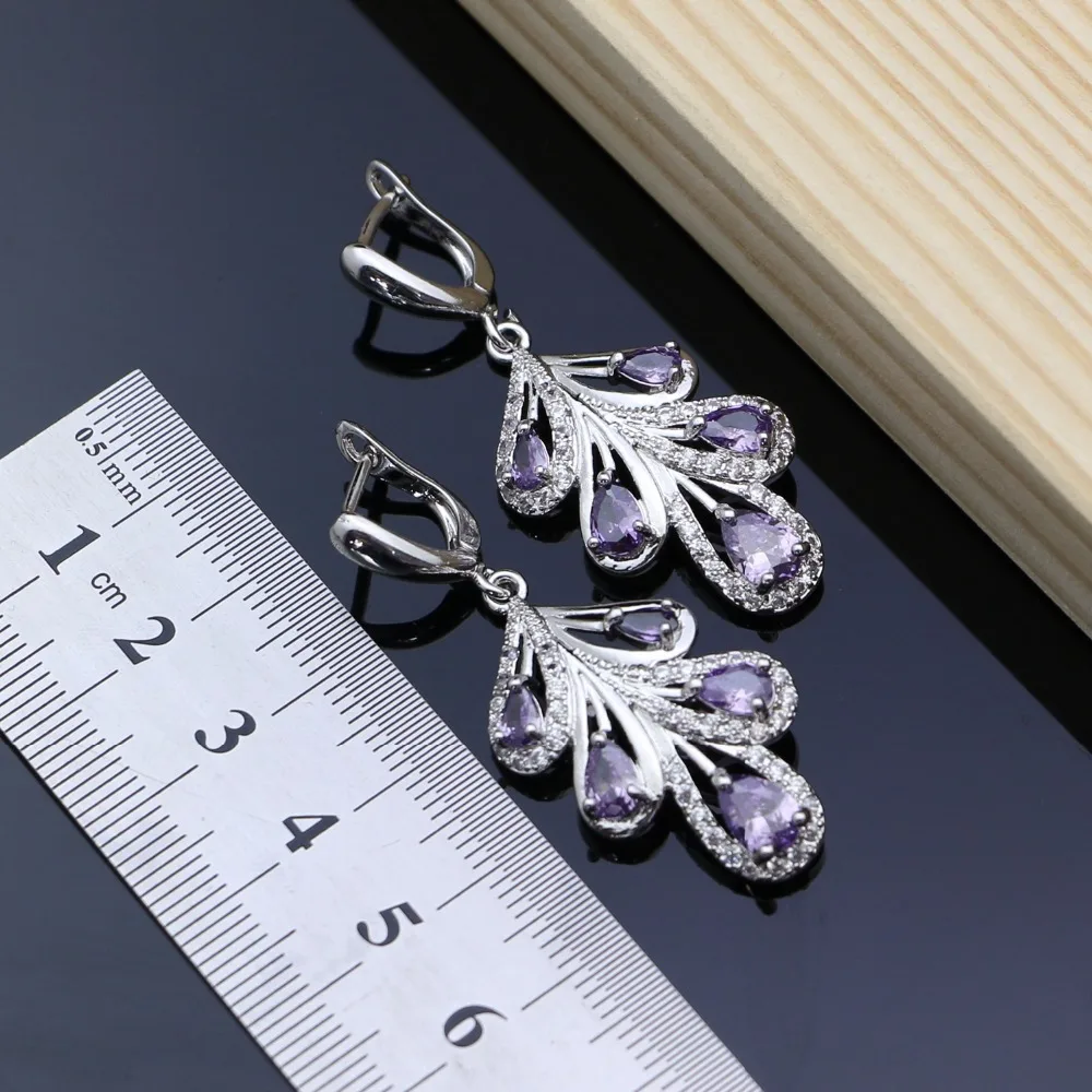 Natural 925 Silver Bridal Jewelry Sets Purple CZ Costume Jewelry Kits For Women Earrings/Pendant/Rings/Bracelet/Necklace Set