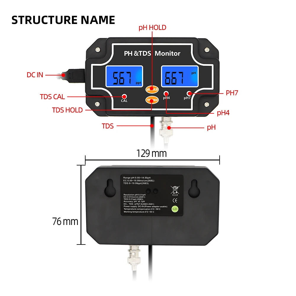Imagem -02 - Testador de Qualidade de Água Impermeável Monitor Duplo Acidômetro para Piscinas Aquários 30 em ph Tds2683