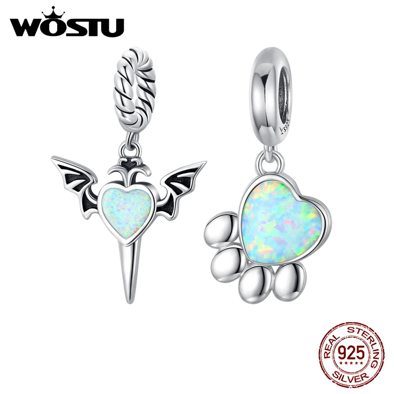 WOSTU 925 Sterling Silver Opal Paw Love Heart Wings Zircon Charms Beads Pendant Fit Original Bracelet Necklace For Women Jewelry