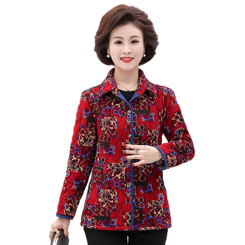 

Women's Thin Cotton Coat Middle-Aged Elderly Women's Quilted Jacket Autumn Winter Printed Thickened With Wotton Coat Tops 5XL