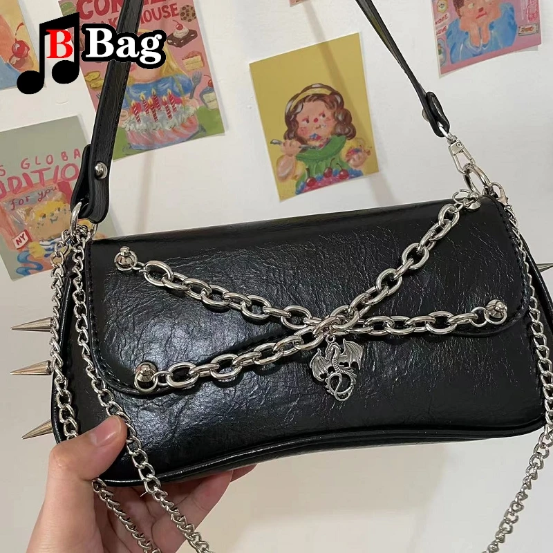 Y2K Harajuku Women Girl punk Rivet metal chain single shoulder underarm Bags Handbags Female PU Leather messenger bag tote