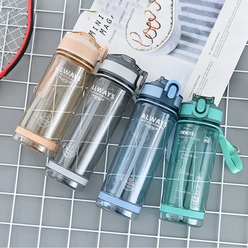 800ml Sports Water Bottle with straw For Camping Hiking Outdoor Plastic Transparent BPA Free Bottle For men Drinkware