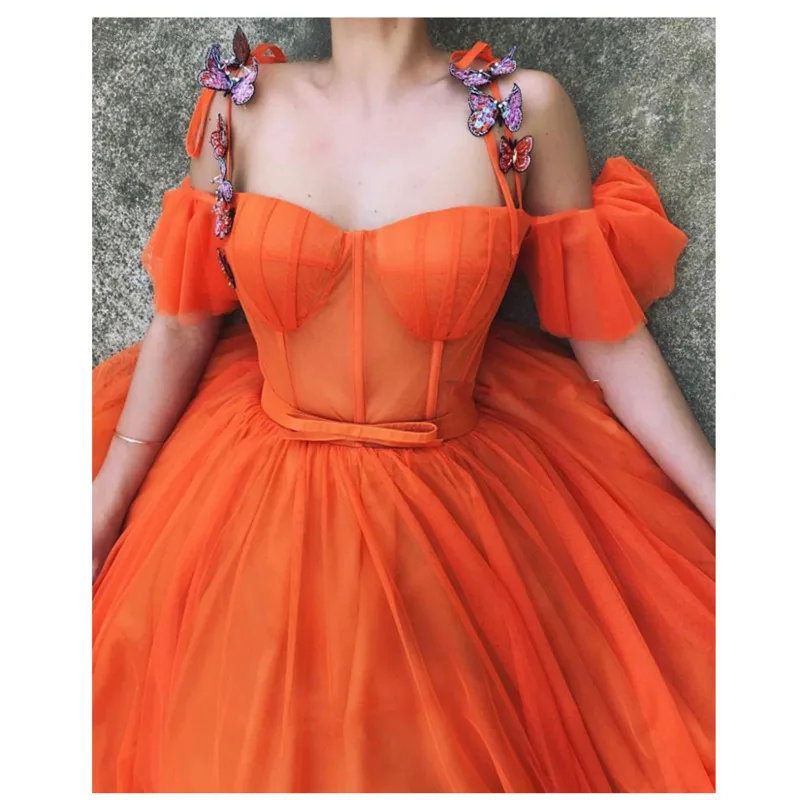 Fashion Off The Shoulder Prom Dress Orange Princess Dress Tulle With Butterfly Backless Floor Length Evening Gown Party Dress