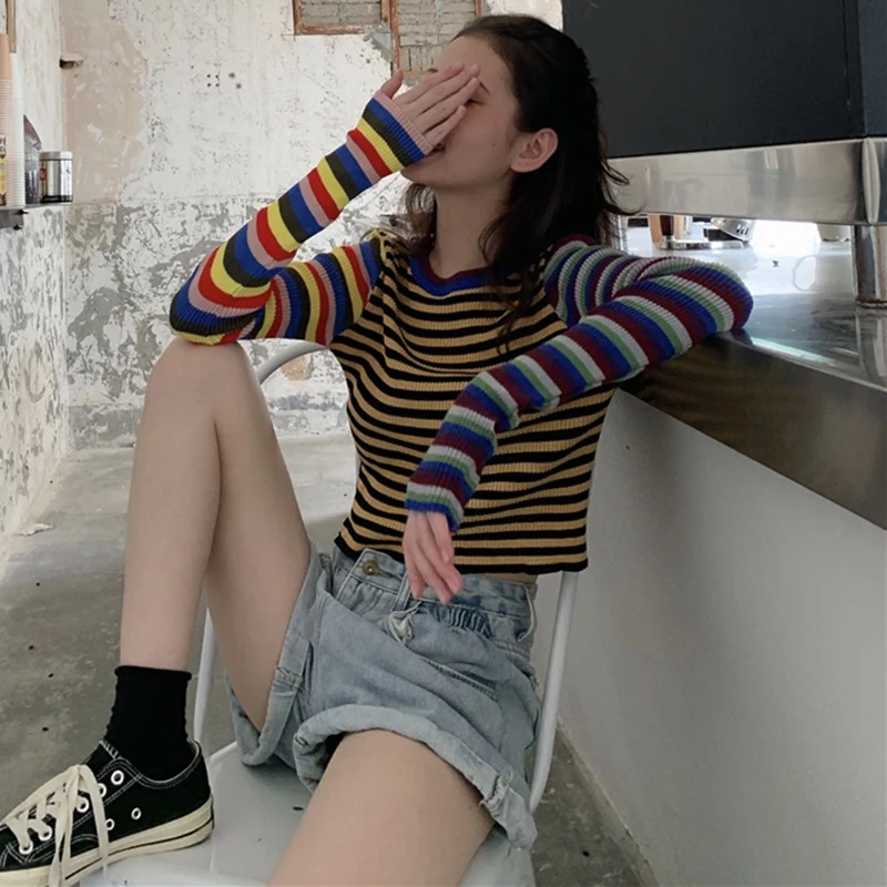 Striped Knitted T-shirt   Autumn Women Student Wind Casual Wild Slim Short T-shirt Female Crop Tops Long Sleeve T-Shirts