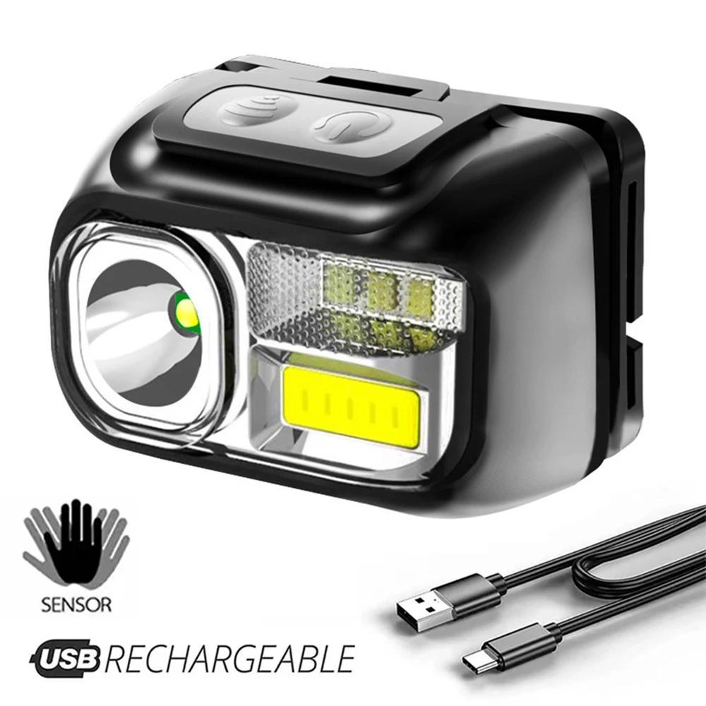 XPE COB LED Sensor Headlight Rechargeable Induction Headlight Night Running Head Torch Outdoor Camping Flashlight Work Light