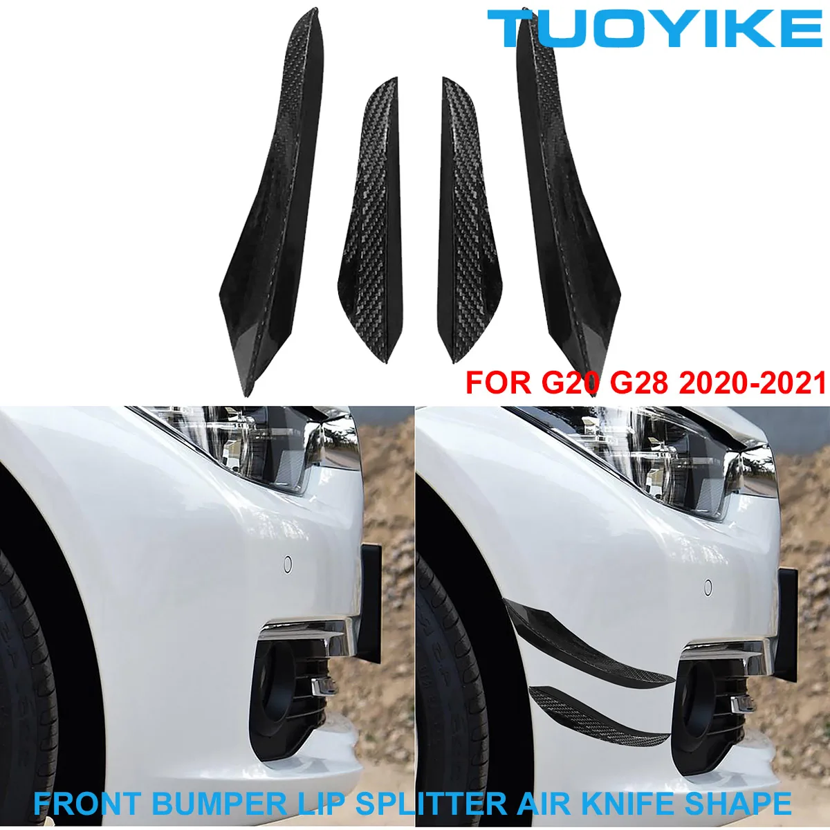 4PCS/set Car Styling Real Dry Carbon Fiber Front Bumper Lip Splitter Spoiler Air Knife Shape For BMW 3-Series G20 G28 2020-2021