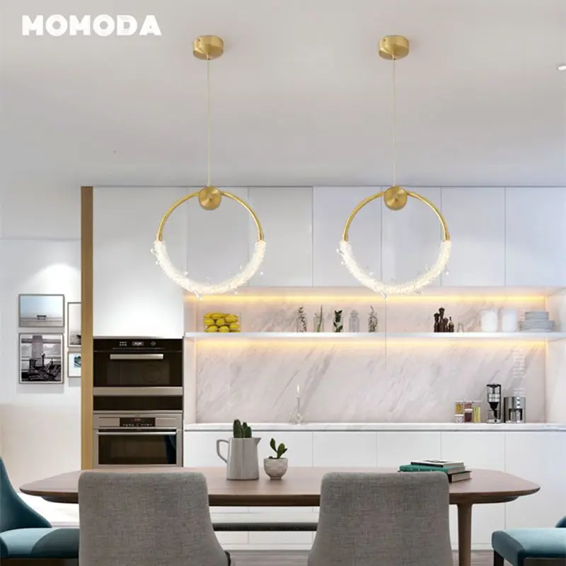 Nordic LED Chandeliers Lighting Modern Copper Crystal Ring Pendant Hanging Lamps Lustre Bedroom Living Room Villa Lights Fixture