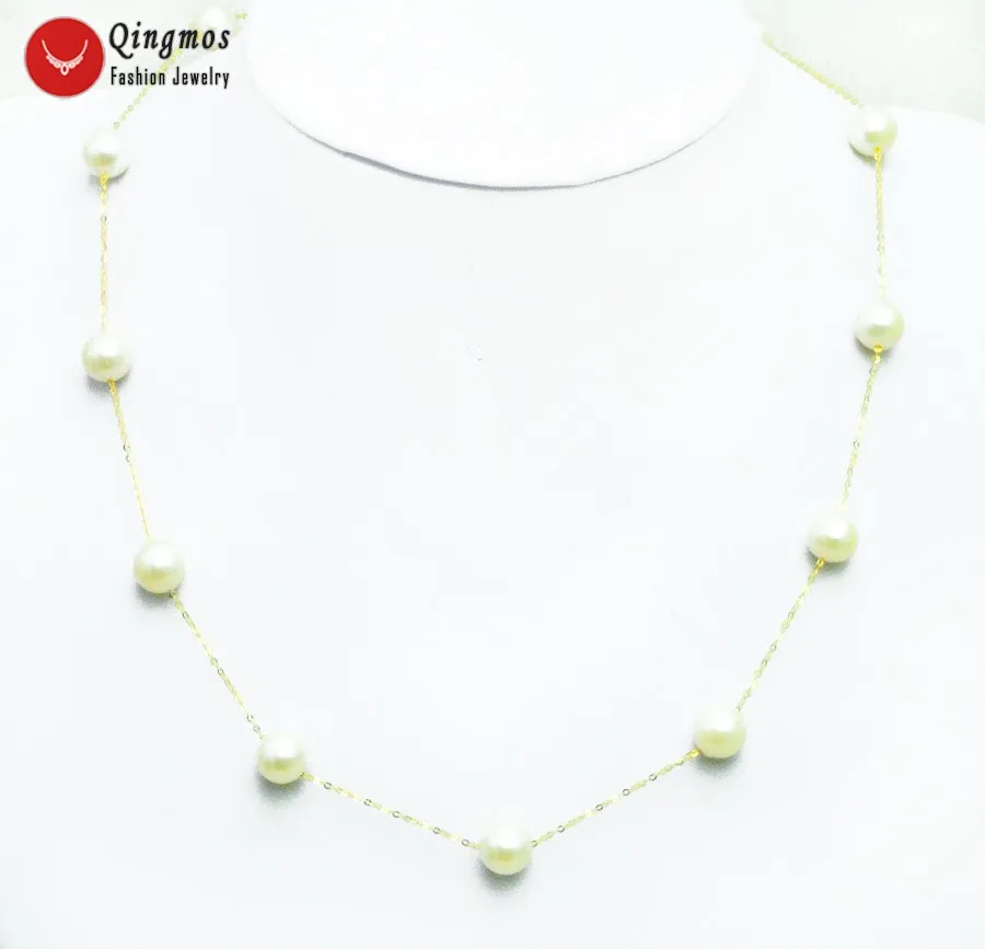 

Qingmos Floating Round 8-9mm White Natural Freshwater Pearl Necklace for Women with 14K Gold Chain 18" Chokers Jewelry n5398