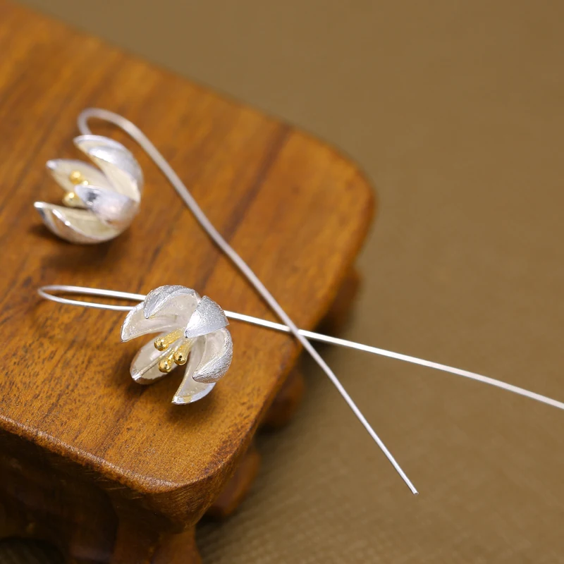 925 Sterling Silver Flower Earings Elegant Lotus long Drop Earring For Women Fashion Brincos Grandes Fine Jewelry pendientes