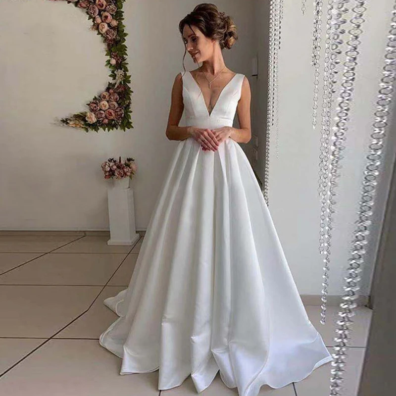 

Simple Satin Wedding Dress 2022 V Neck Backless Simple Suknie ślubne Sexy White Ivory Bridal Gowns For Women Vestido de Novia