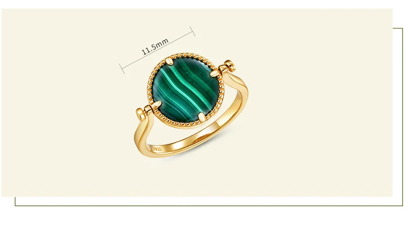 Anomokay New Round Green Malachite Gold Color Rings Two Sides Different Free Size 925 Silver Rings for Women Jewelry Gift