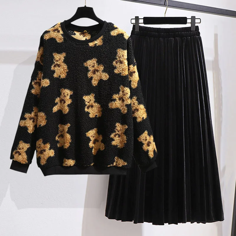 150Kg Plus size Women's Autumn Winter Faux Lamb Wool Top Gold Velvet Skirt Suit Bust 157cm 6XL 7XL 8XL 9XL 10XL Casual Suit