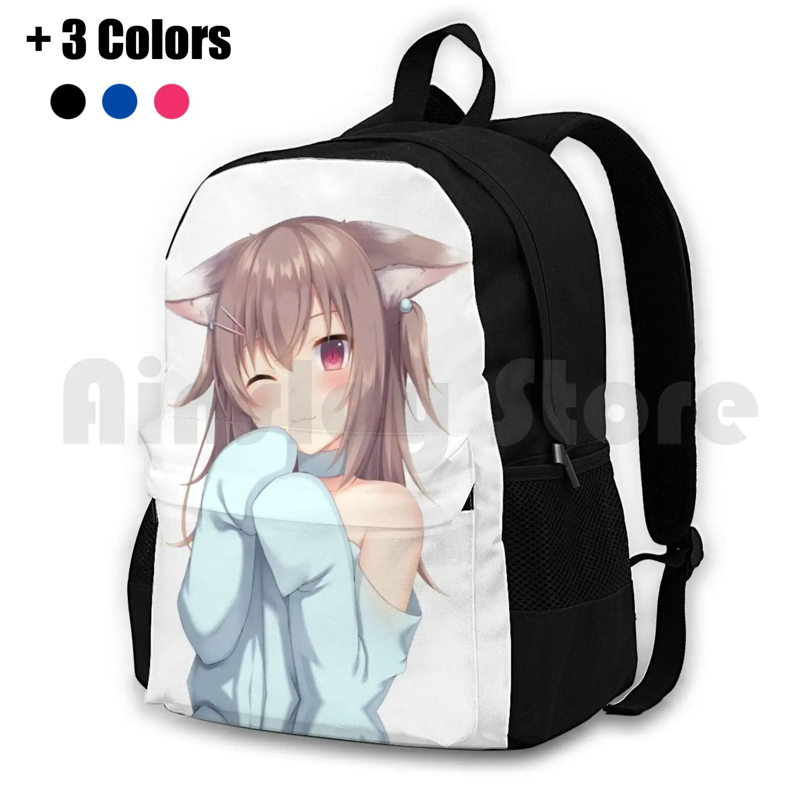 Adorable Cat Neko Girl Outdoor Hiking Backpack Riding Climbing Sports Bag Red Eyes Cute Brown Hair Neko Cat Girls Japanese