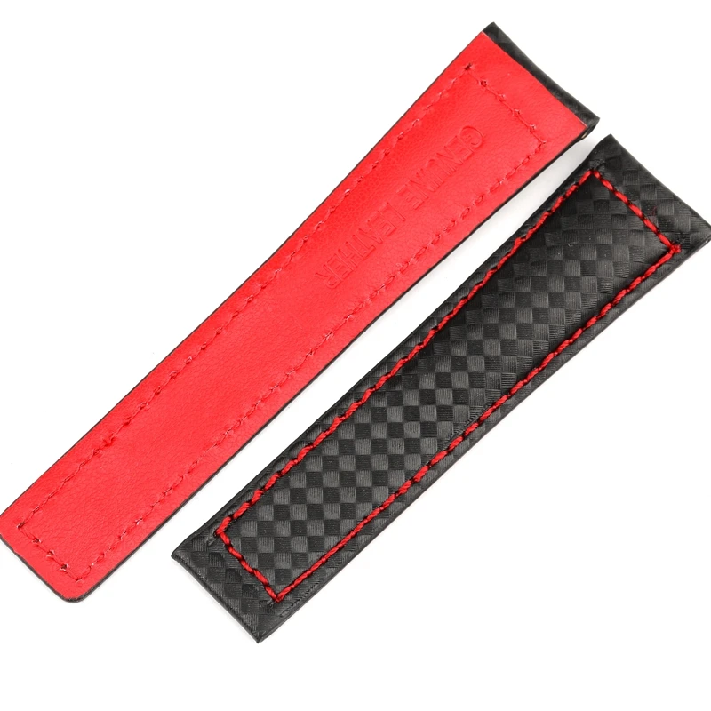 For TAG heuer  watchband Carbon fiber texture cow leather bottom BLACK RED wristband men\'s strap 20mm 22mm with folding buckle