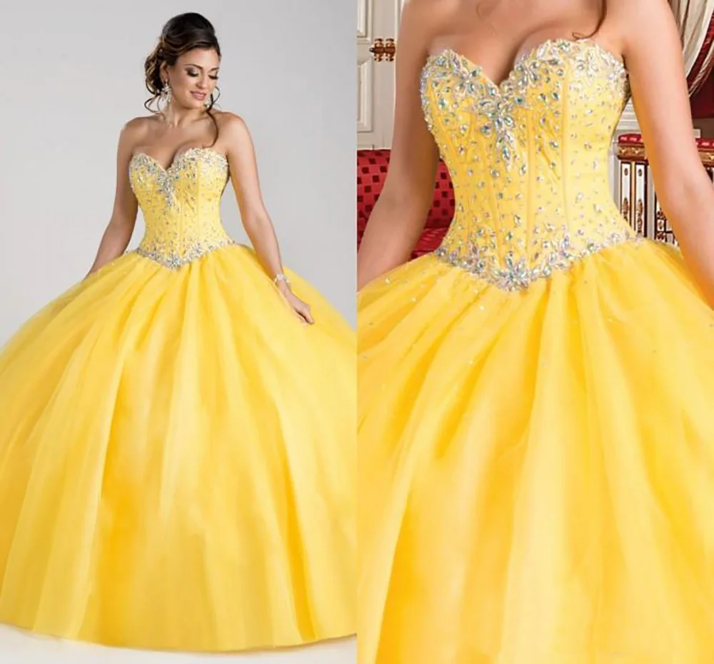 Lindo Princesa Amarela Quinceanera Vestidos, Vestidos De Bola De Cristal Frisado, Doce 16 Vestido, Barato, Nova Chegada, 15 Anos