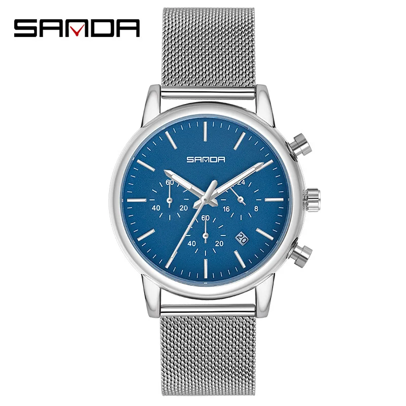 SANDA New Fashion Business Leisure Three Eyes Imitating Six Needle Calendar Waterproof Graduation Bar Nail Mesh Belt Men's Watch