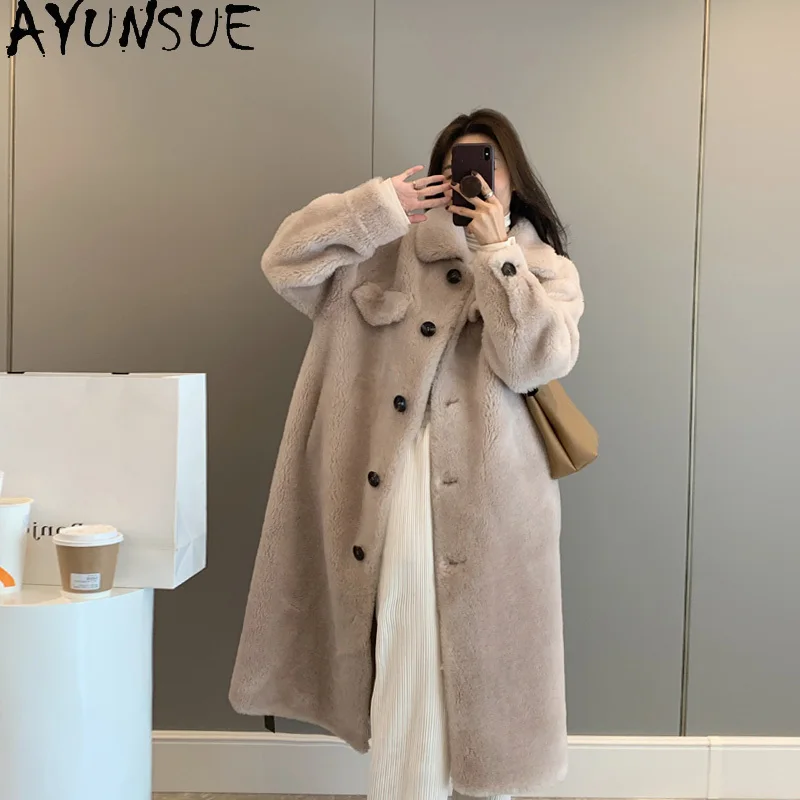 

Winter Warm Women's Jacket Long Korean Fashion 100% Wool Coat Female Casual Woman Clothing Sheep Shearing Doudoune Femme WPY4714