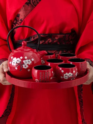 

Ceramic Plum Tea Set Creative Red Teacup Pot Chinese Style Wedding Gift Dowry Teaware Cold Water Bottle Kung Fu Black Tea Set