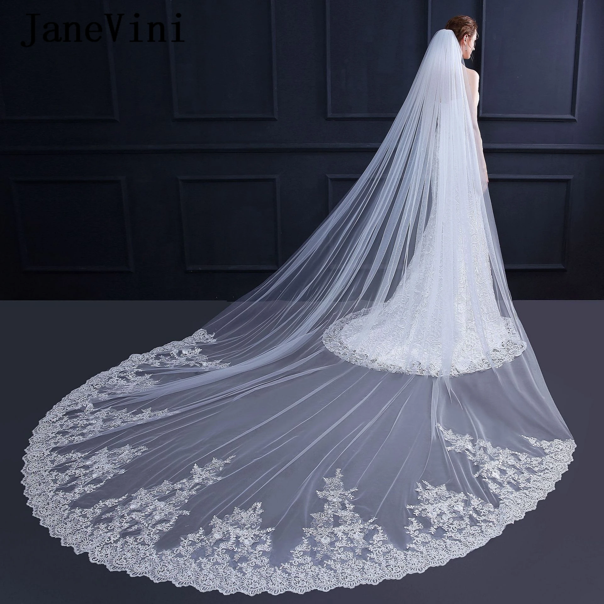 Janevini luxo branco/marfim catedral casamento véus com pente uma camada rendas apliques borda tule macio longo véu nupcial mariage