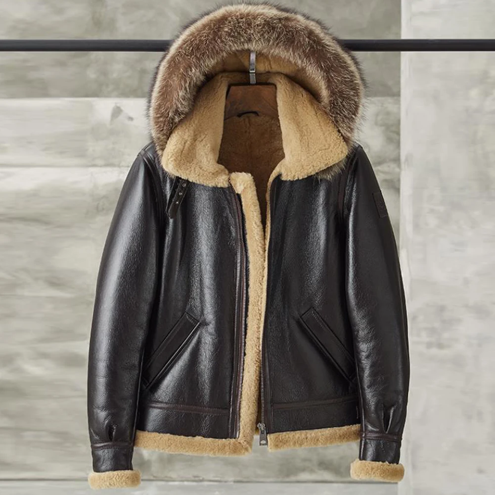 Denny&Dora Shearling Jacket Men Detachable Hooded B3 Bomber Jacket Men Shearling Fur Coat Dark Brown