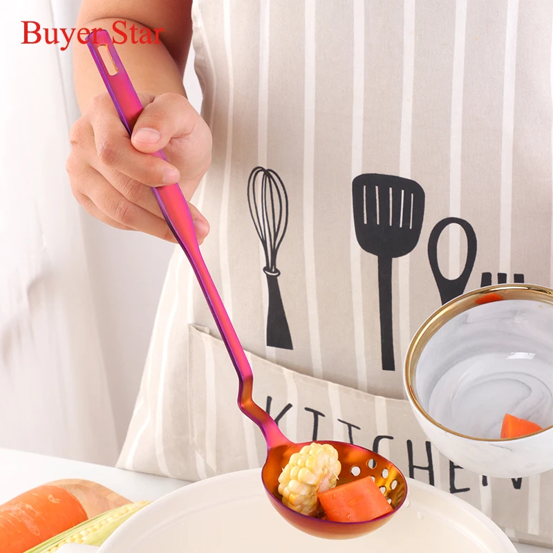 Household Stainless Steel Bent Handle Soup Spoon Hot Pot Colander Strainer Spoon Portable Tablespoons With Hook Tableware