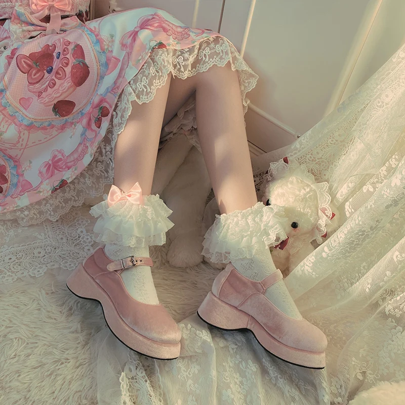 Màu Hồng Dễ Thương Lolita Viền Ren Nơ Cotton Đống Tất Cổ Tất Ren