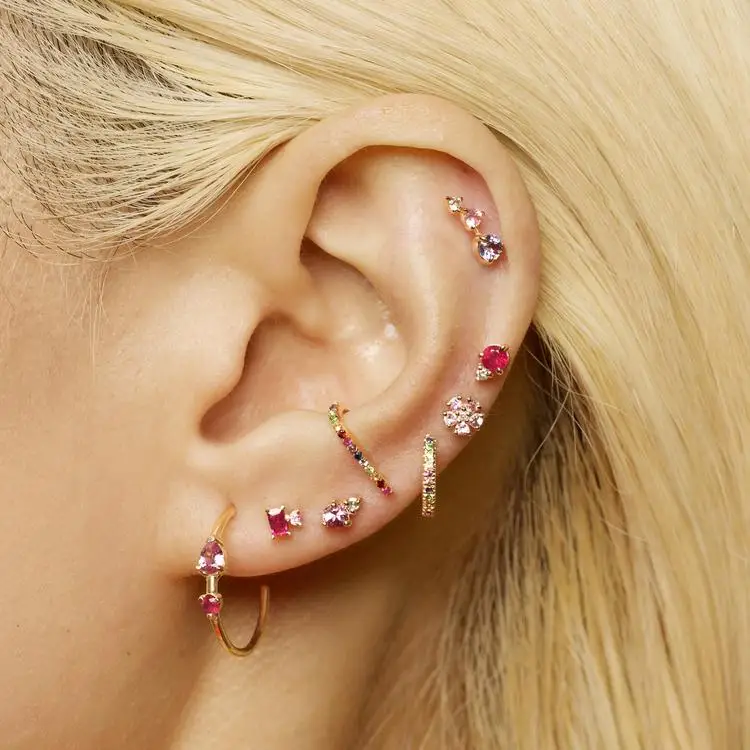 Gold Plated 925 Sterling Silver Small Circle Hoop Earring Paved Red Cubic Zirconia Multi Piercing Minimal Delicate Jewelry