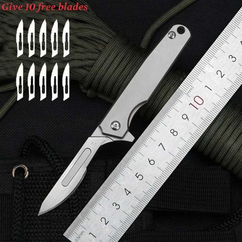 

Titanium Alloy EDC Folding Knife Silver Mini Scalpel Open Express Multifunctional Tool Free 10 Blades