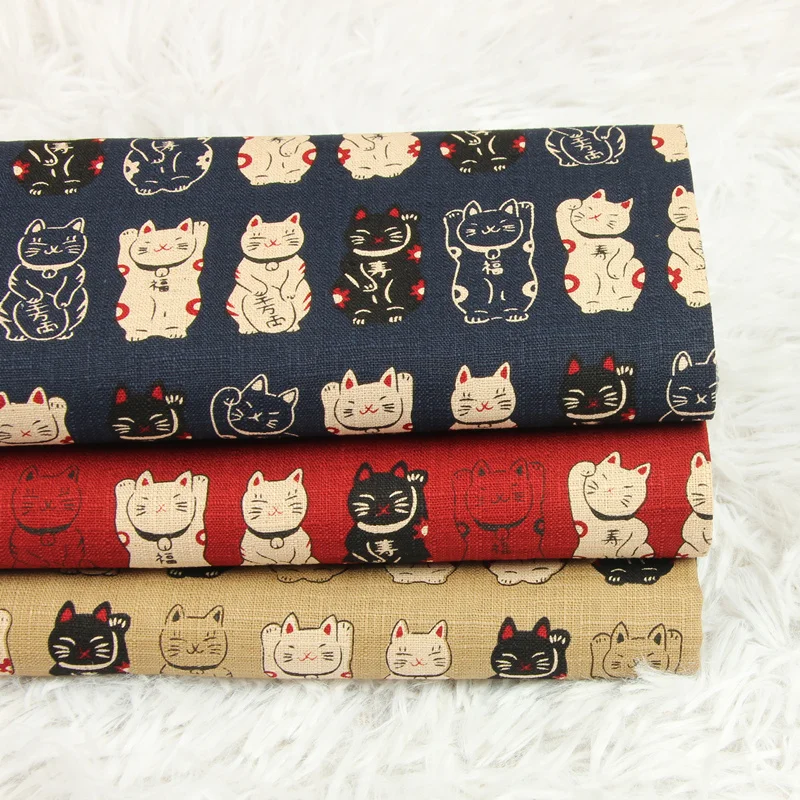 Half Yard Slub Cotton Fabric Japanese Soft Breeze Fortune Cat Print, Handmade DIY Bag Garment Sewing Material CR-630