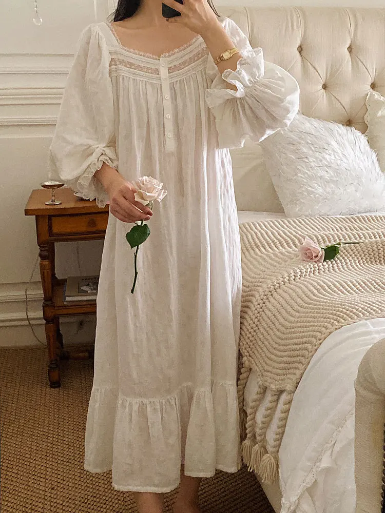 Vintage Soft  Cotton Long Nightgowns For Women Long Sleeve Elegant Nightshirts Comfortable Loose Night Dress