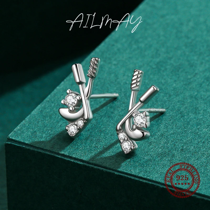 Ailmay 100% 925 Sterling Silver Fashion Hockey modelling Clear Zircon Stud Earrings For Women Girls Party Accessories Jewelry