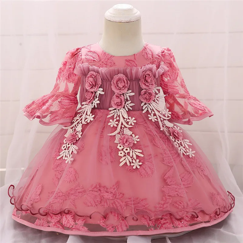 Vestidos adorables de flores para niñas, vestido de desfile de encaje hecho a mano con apliques de flores en 3D, ropa para niñas hasta la rodilla