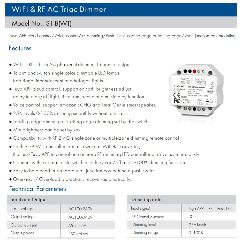 Wifi 2.4G RF AC Triac LED Dimmer 220V 230V Work with Tuya Smart Life App Alexa Echo Google Home Assistant Voice Control