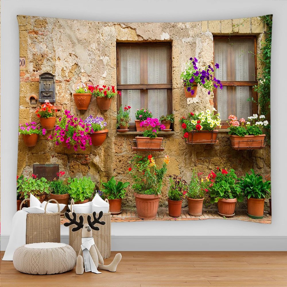 Garden Flowers Rural landscape Wall Hanging Rock Idyllic Scenery Tapestry Wall Cloth Beach Mat Flower Blanket Home Decoration