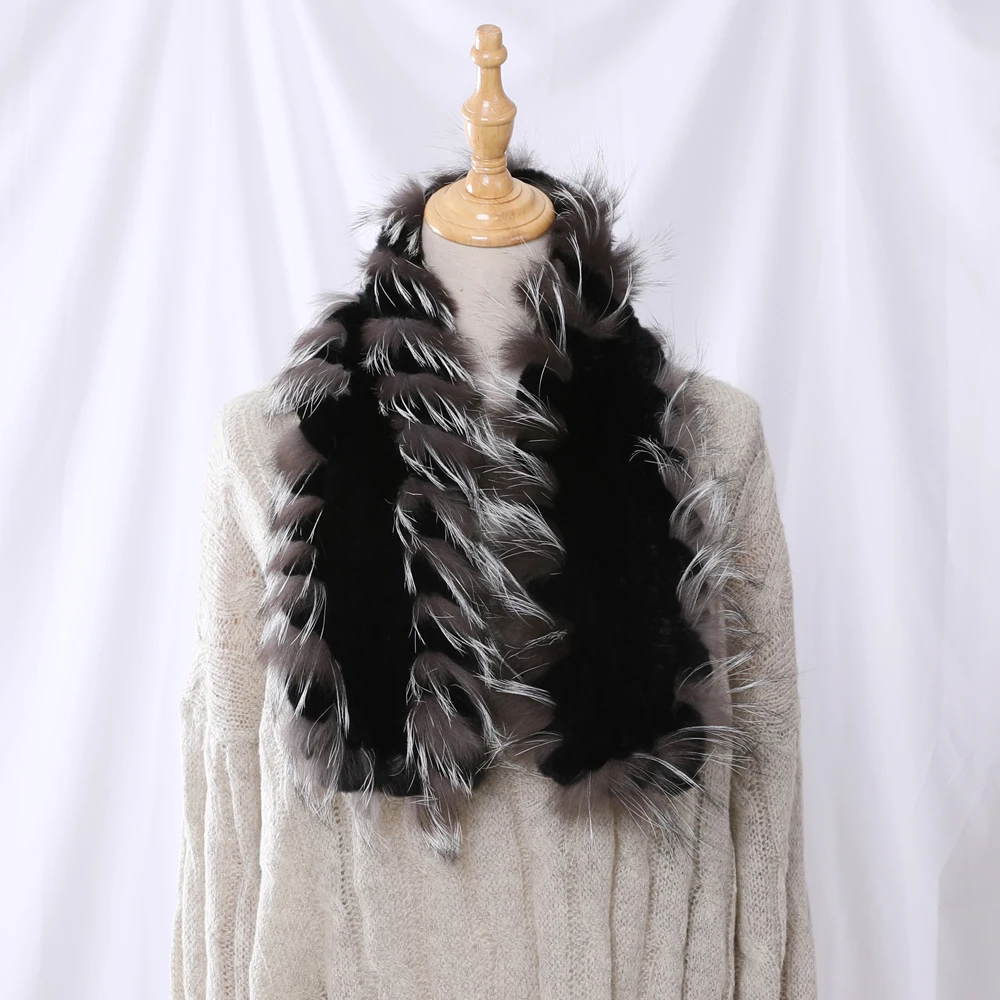 New Winter Women\'s Genuine Real Rex Rabbit Fur Silver Fox Fur Hand Knitted Scarf Scarfs  Scarves Wraps Snood Street Fashion