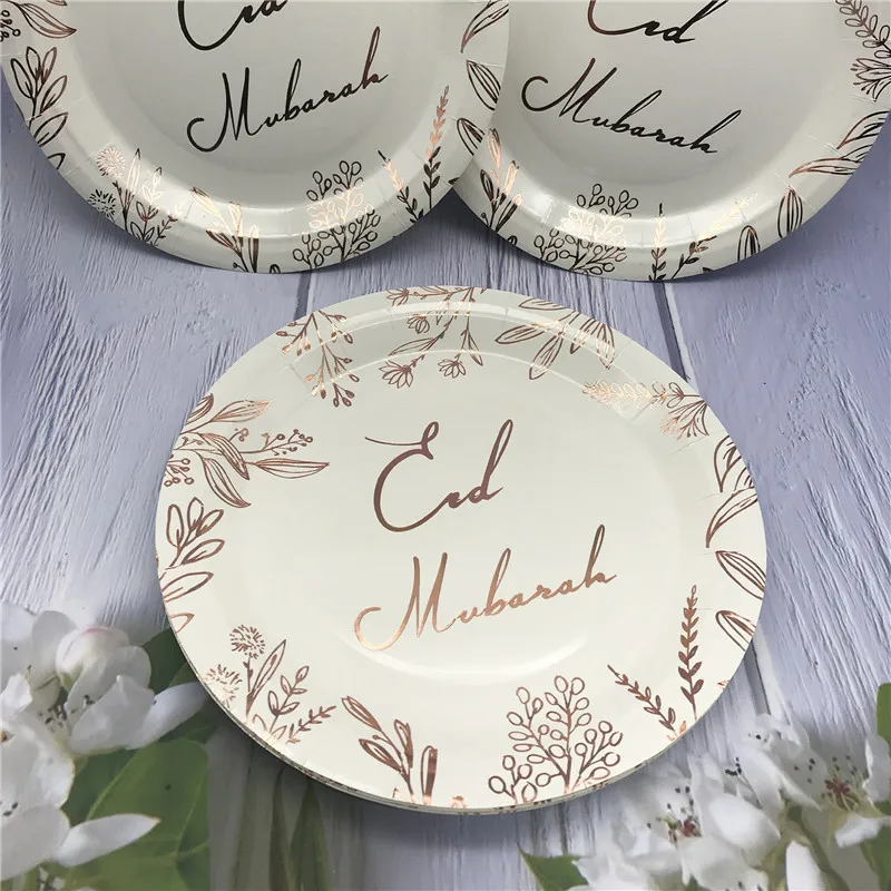 Rosegold Eid Mubarak Disposable Tableware Paper Plates Cups Napkins Banner Ramadan Kareem Islam Party Eid Al-Fitr Home Supplies